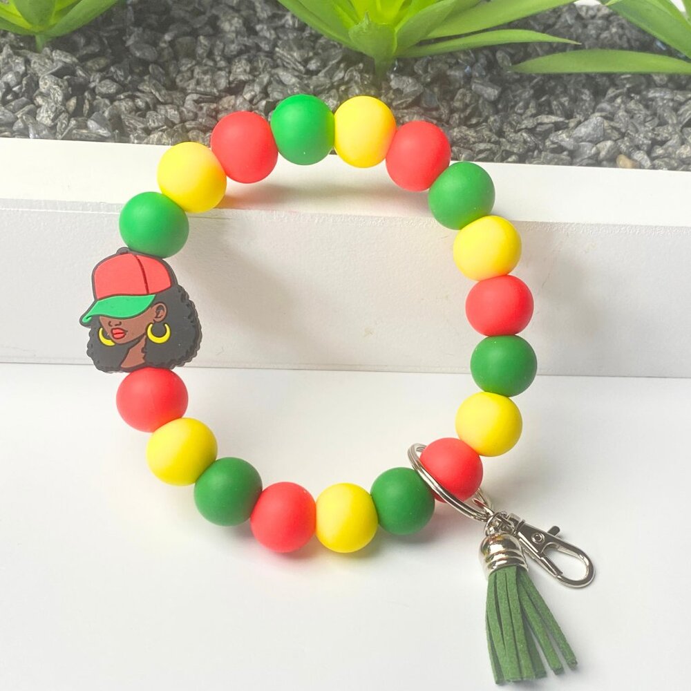 Rasta Beaded Bracelet Keychain w/ Afro Lady Charm – Handmade Jewelry